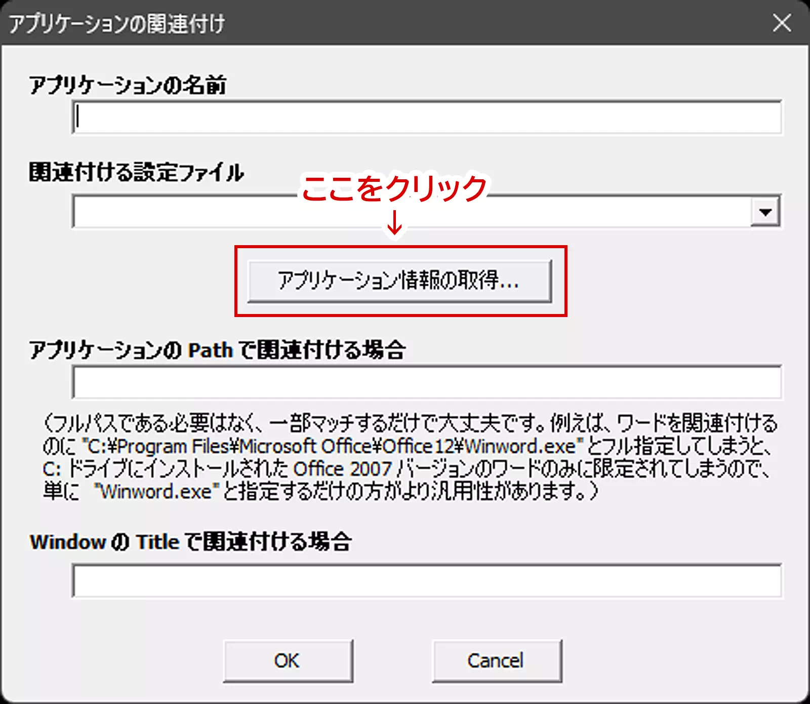 ポップアップが開いたら、「アプリケーション情報の取得」ボタンをクリック